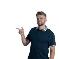 Stylish studio portrait in relaxed pose. Studio photo of businessman with hand in pocket – white background
