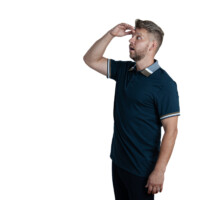Portrait of businessman interacting with audience. Studio portrait of man raising hand – interactive business photo