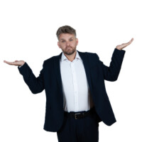 Corporate studio photo of staying man Studio portrait of businessman sitting on chair – white background