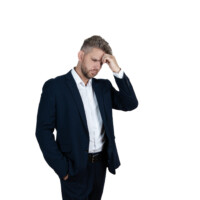 Stylish monochrome headshot of a businessman. Black-and-white business portrait of man on white studio background