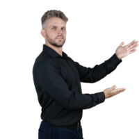 Positive business portrait for promotional use. Studio portrait of man smiling in business attire